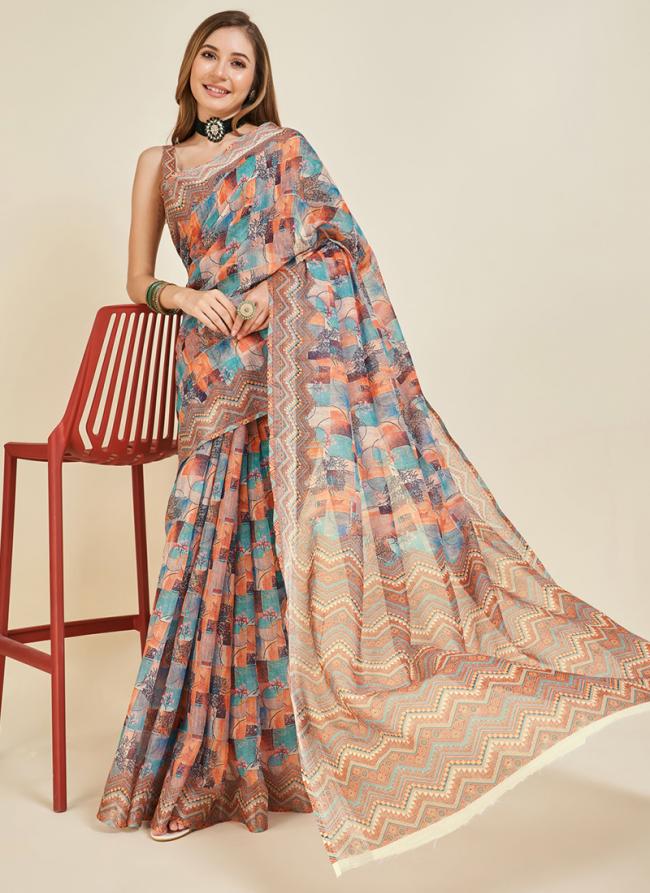 Linen Multi Color Casual Wear Printed Saree